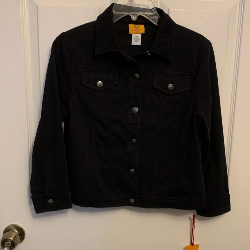 Ruby Rd Women's Black Button-Front Knitted Twill Jacket Size 10P